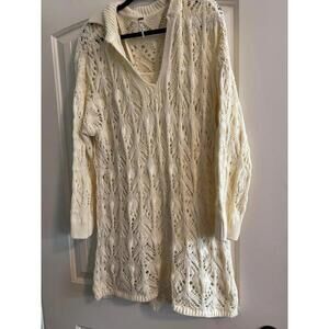 FREE PEOPLE Cream Knit Long Sleeve Dress with V-Neck